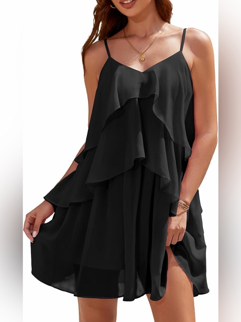 NWT Elegant Black Ruffle Chiffon Mini Cocktail Dress- Spaghetti Straps, Large
